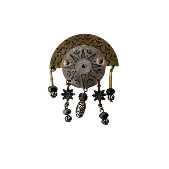 Signed  NF  Southwest Copper Purple Stone Sun Pin Brooch w/ Charms - Picture 2 of 4